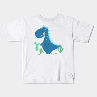 BlueT-Rex Dinosaur with Cactuses Kids T-Shirt